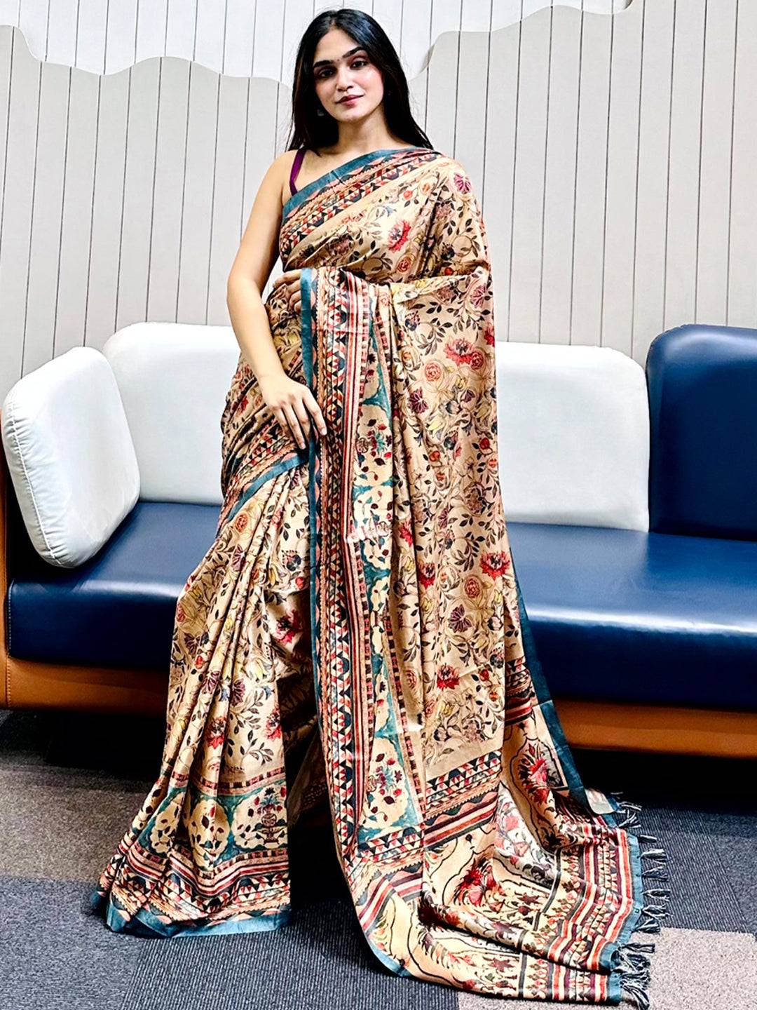 Chiku Tussar Silk Flower Pashmina Print Saree by My Store