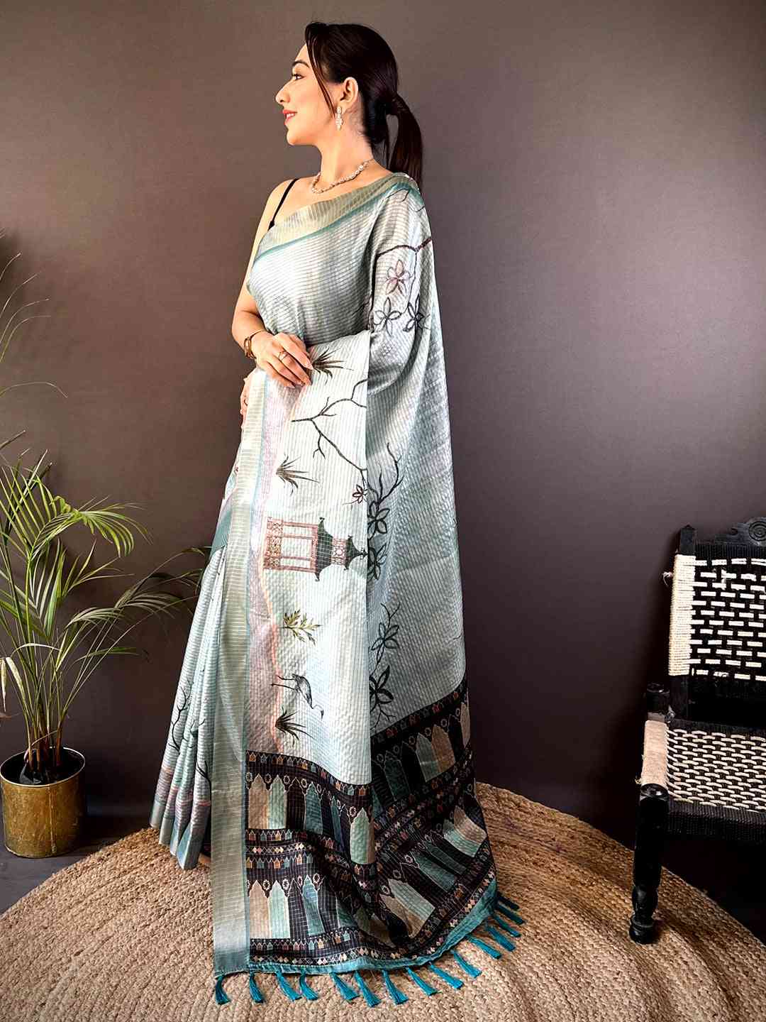 Powder Blue Tussar Chex Japanese Print Saree by My Store