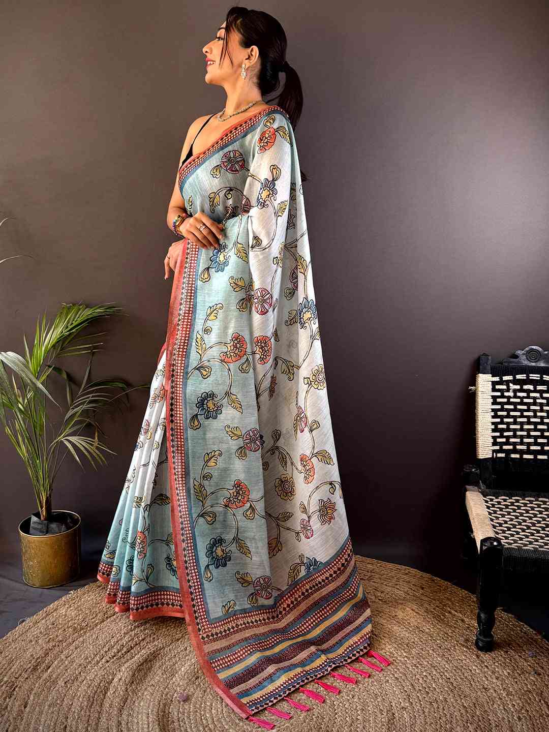 Sky Blue Zari Tussar Floral Saree by My Store