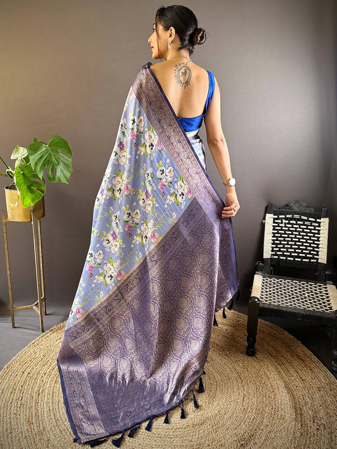 Serene Steel Blue Floral Elegance Saree by My Store