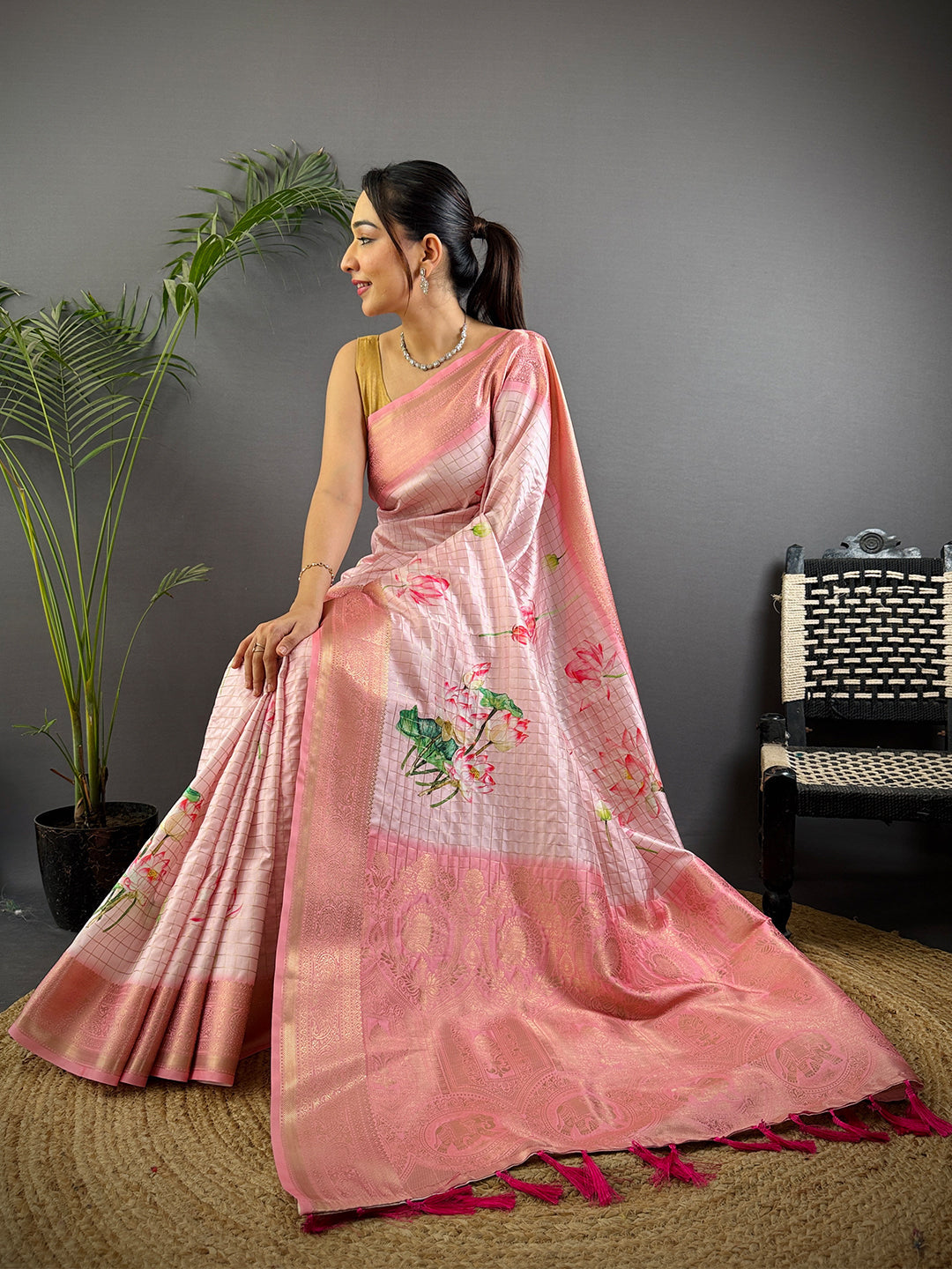 Rose Pink Banarasi Silk Digital Printed Saree by My Store