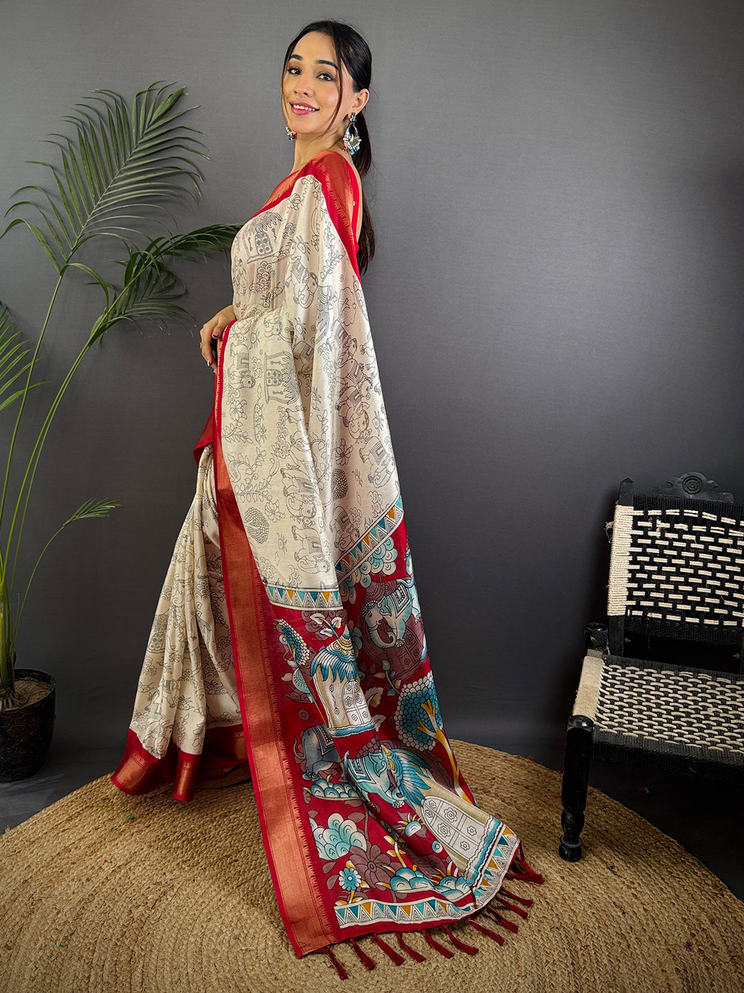 Red Dola Silk Pen Kalamkari Print Saree by My Store