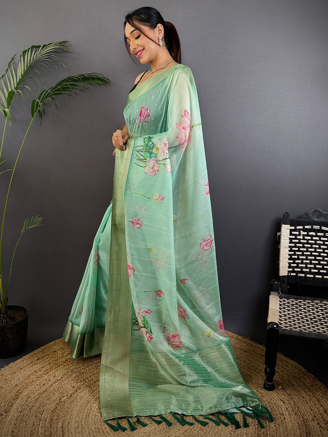 Mint Green Soft Organza Digital Print Saree by My Store