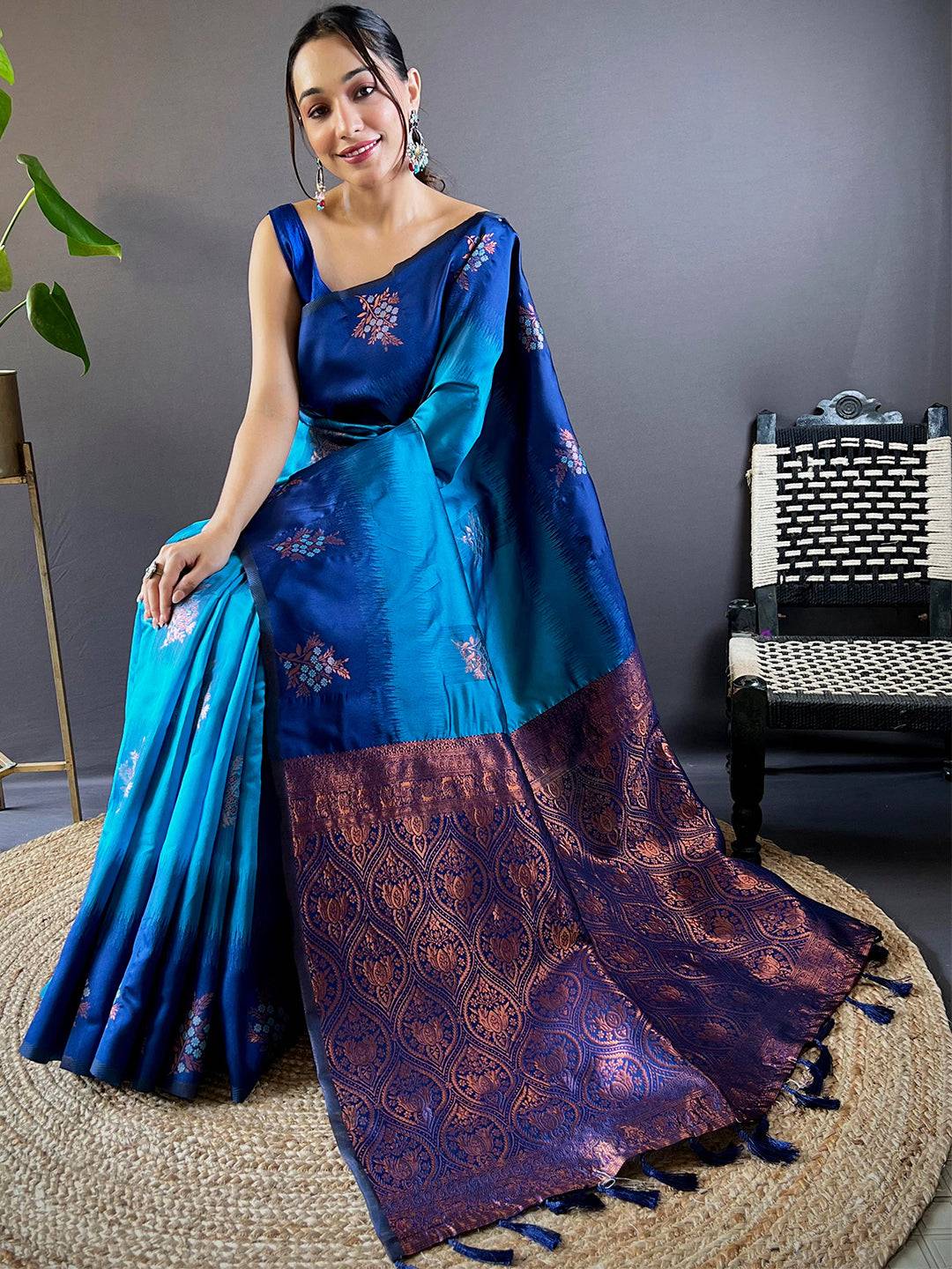 Royal Blue Sami Banarasi Tussar Silk Saree by My Store