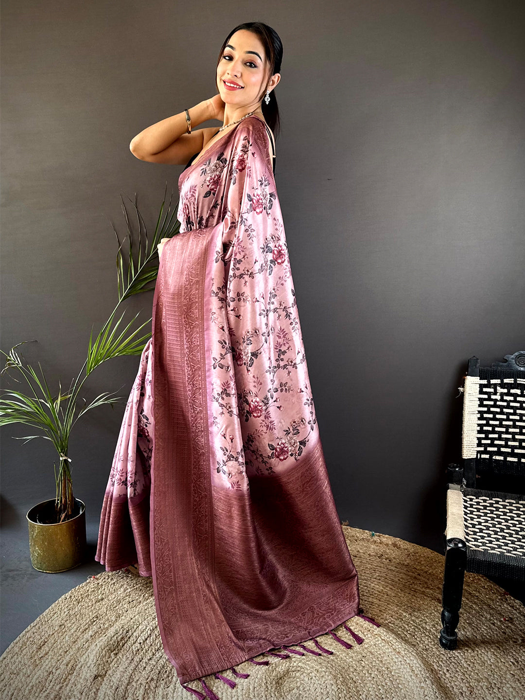 Graceful Black Aura Silk Floral Print Saree by My Store