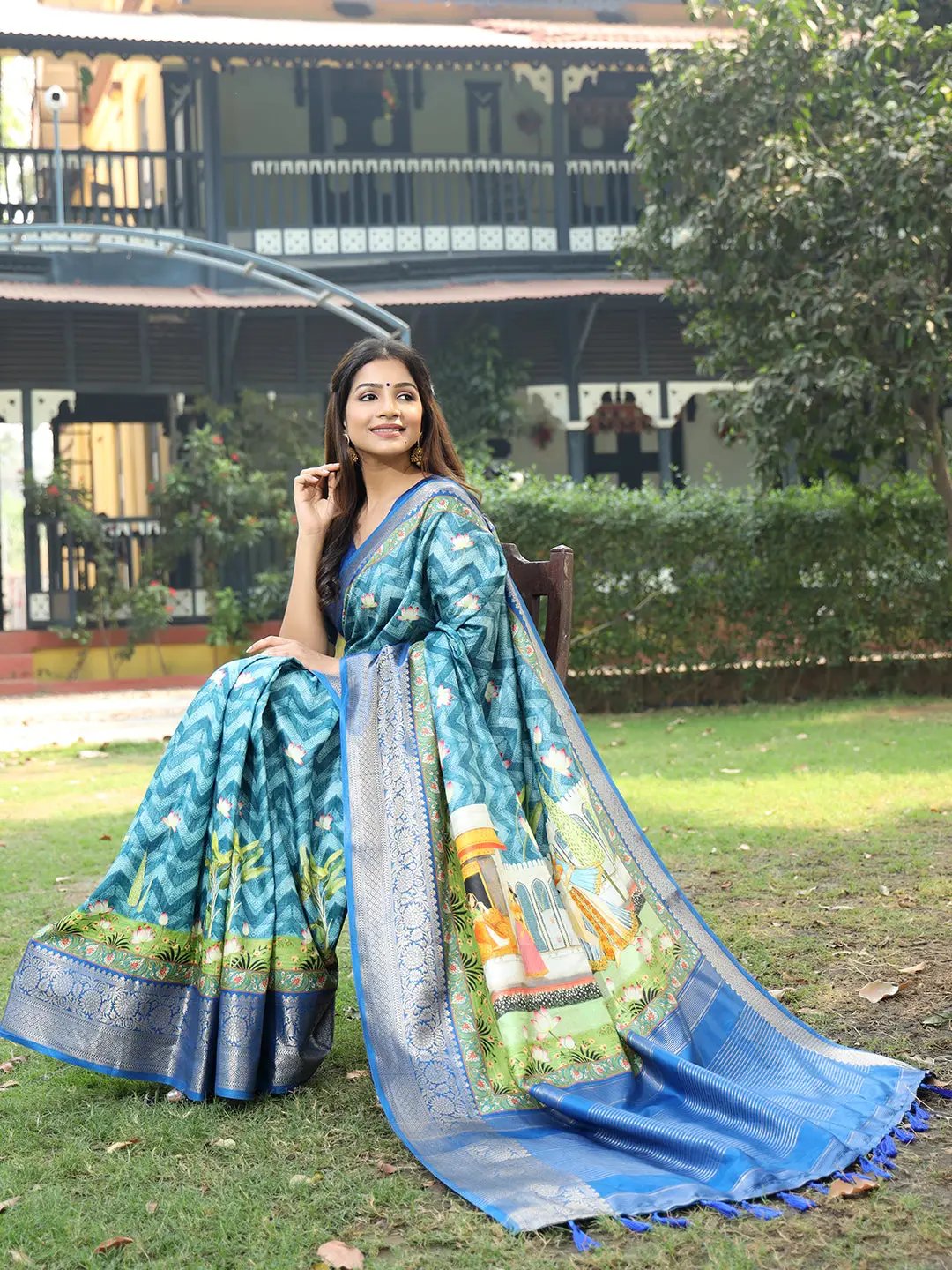 Blue Colour Pure Viscose Dola Silk Saree with Pichwai Kalamkari Print - Luxe
