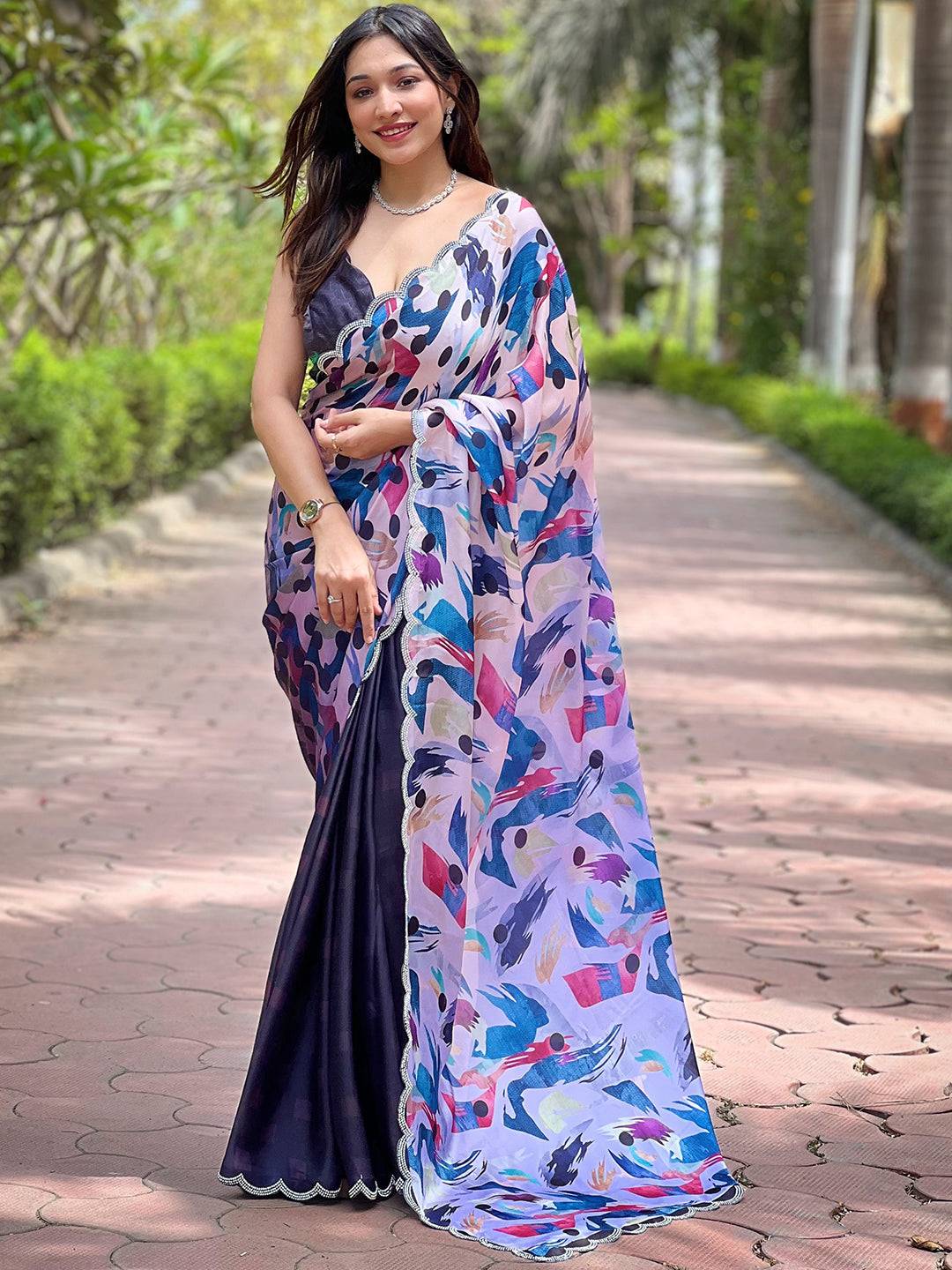 Navy Batik And Polka Dots Print Saree by My Store