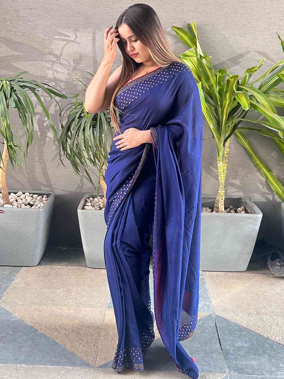 Navy colour Vichitra Silk Saree With Embellish Swarovski Stone work by My Store