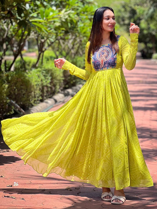 Pea Green Bandhej Dress by My Store