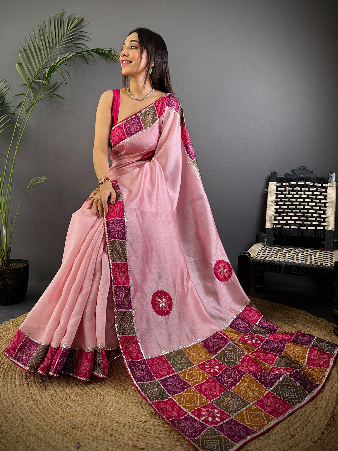 Pink Patch Butta Soft Silk Saree by My Store