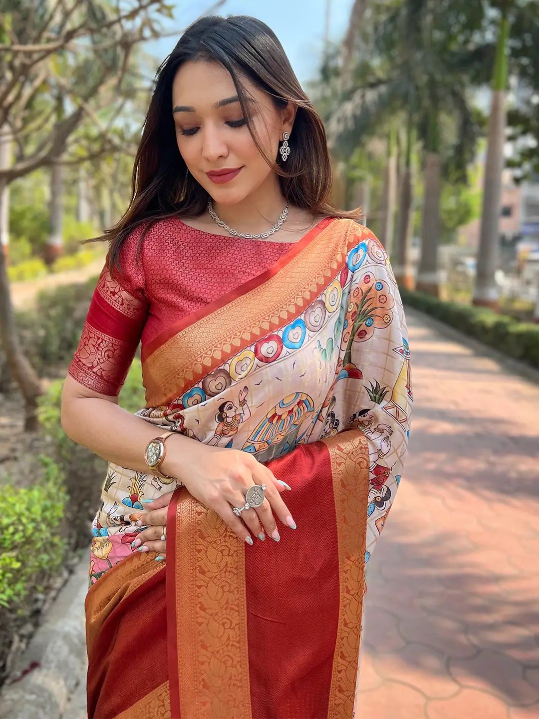 Beige Colour Double Border Chex Weaving Banarasi Soft Silk Saree