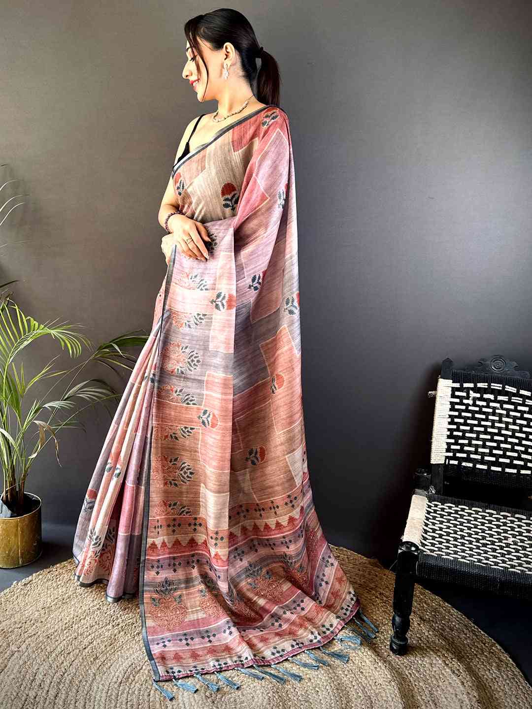 Dusty Rose Tissue Chanderi Geometric Floral Saree by My Store
