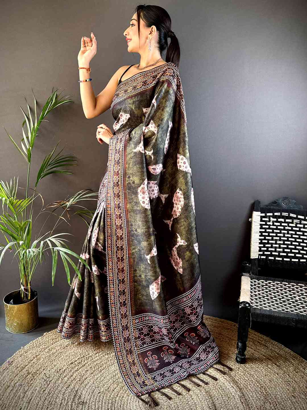 Dark Brown Soft Silk Fish Kalamkari Saree by My Store
