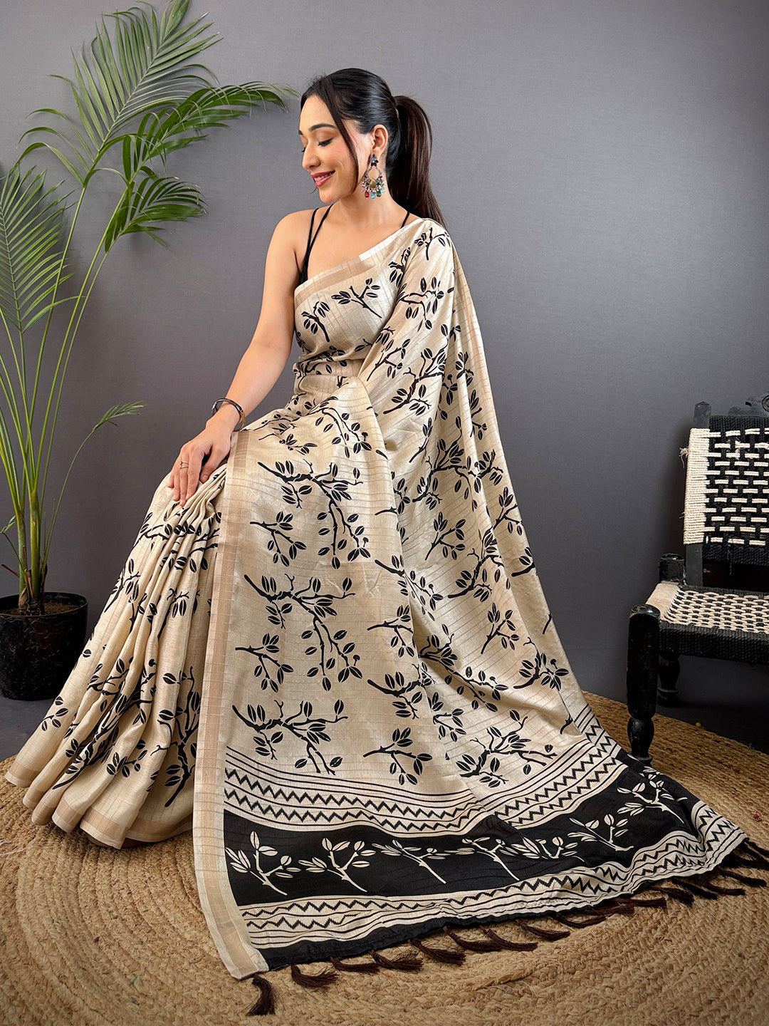 Cream Ghicha Leaf Print Saree by My Store