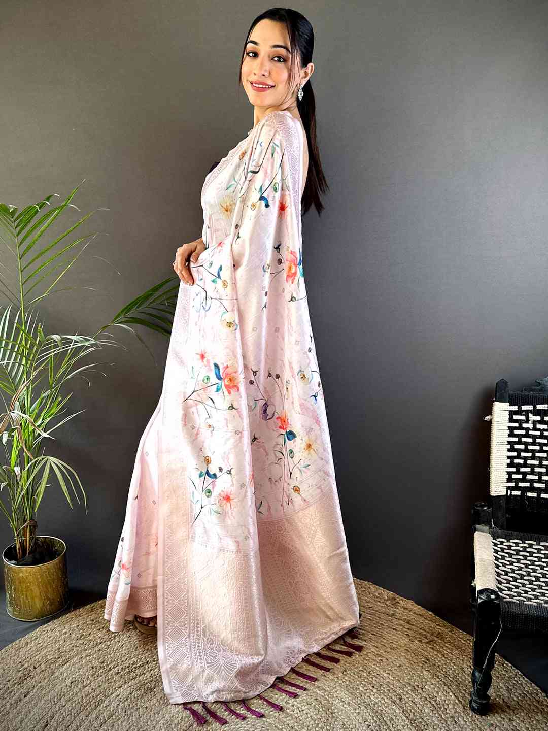 Baby Pink Floral Gold Zari Slub Silk Saree by My Store