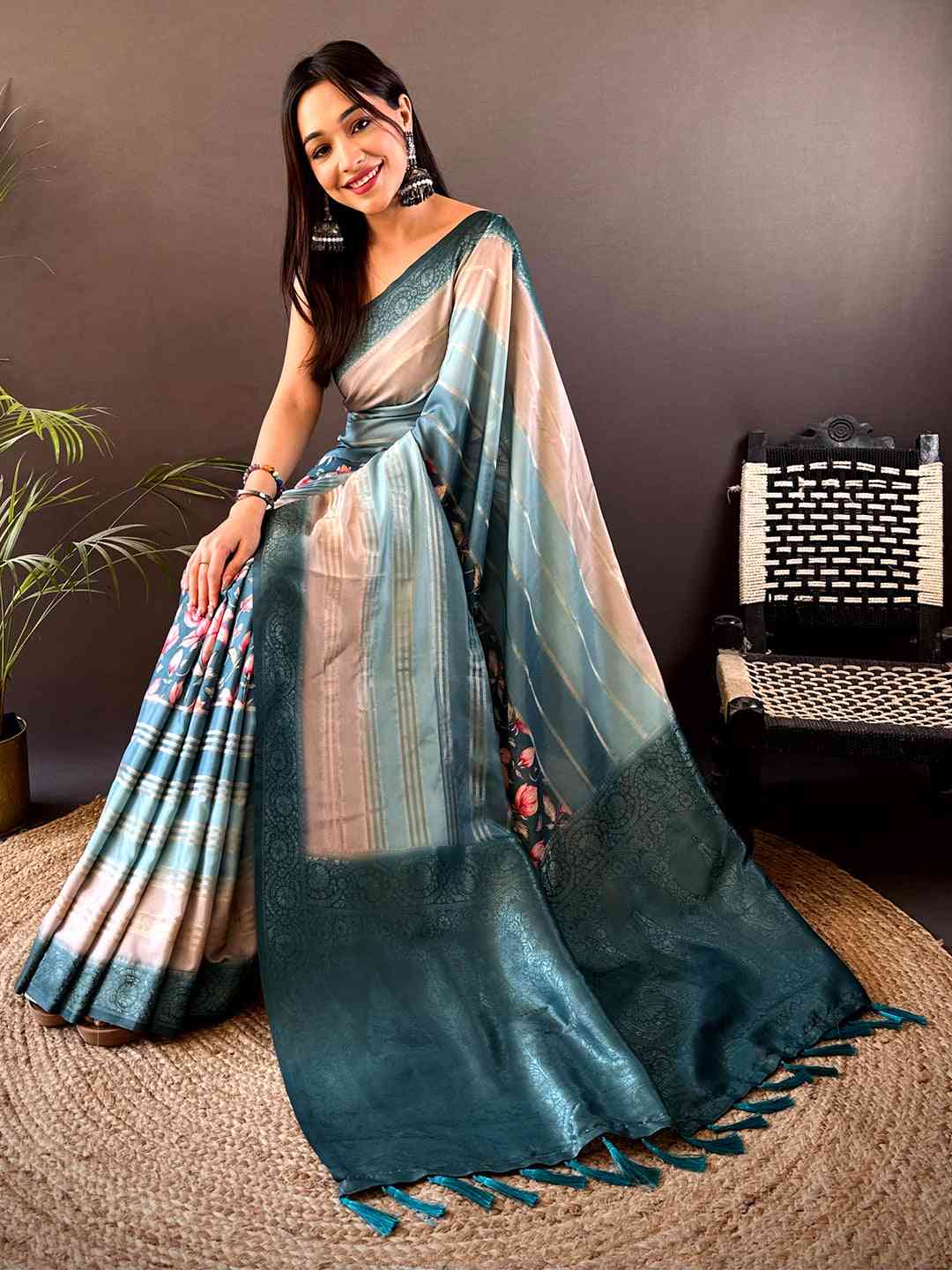 Teal Blue Crepe Silk Floral Saree by My Store