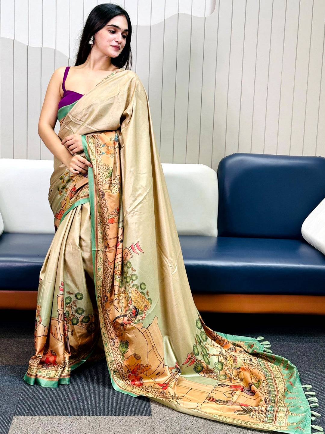 Green Free Hand Kalamkari Print Saree by My Store