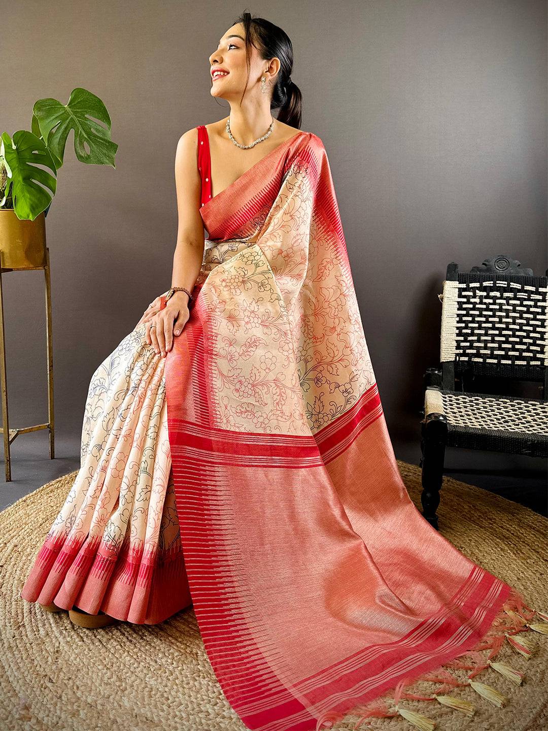 Cream Floral Tussar Silk Saree by My Store