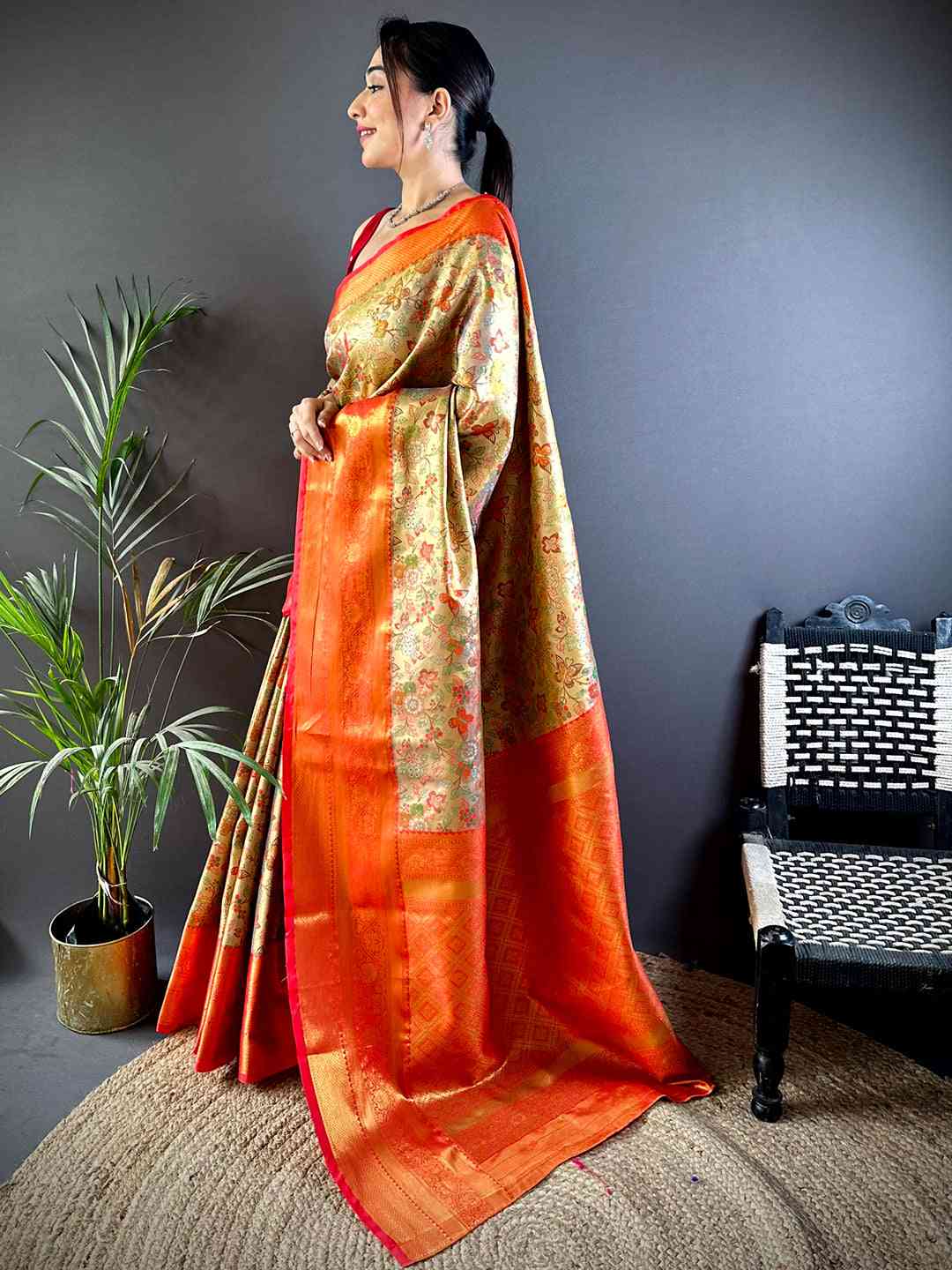 Red Dharmavaram Butterfly Silk Saree by My Store