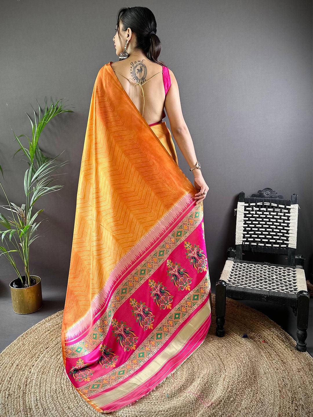 Orange Leheriya Gamthi Silk Sarees by My Store