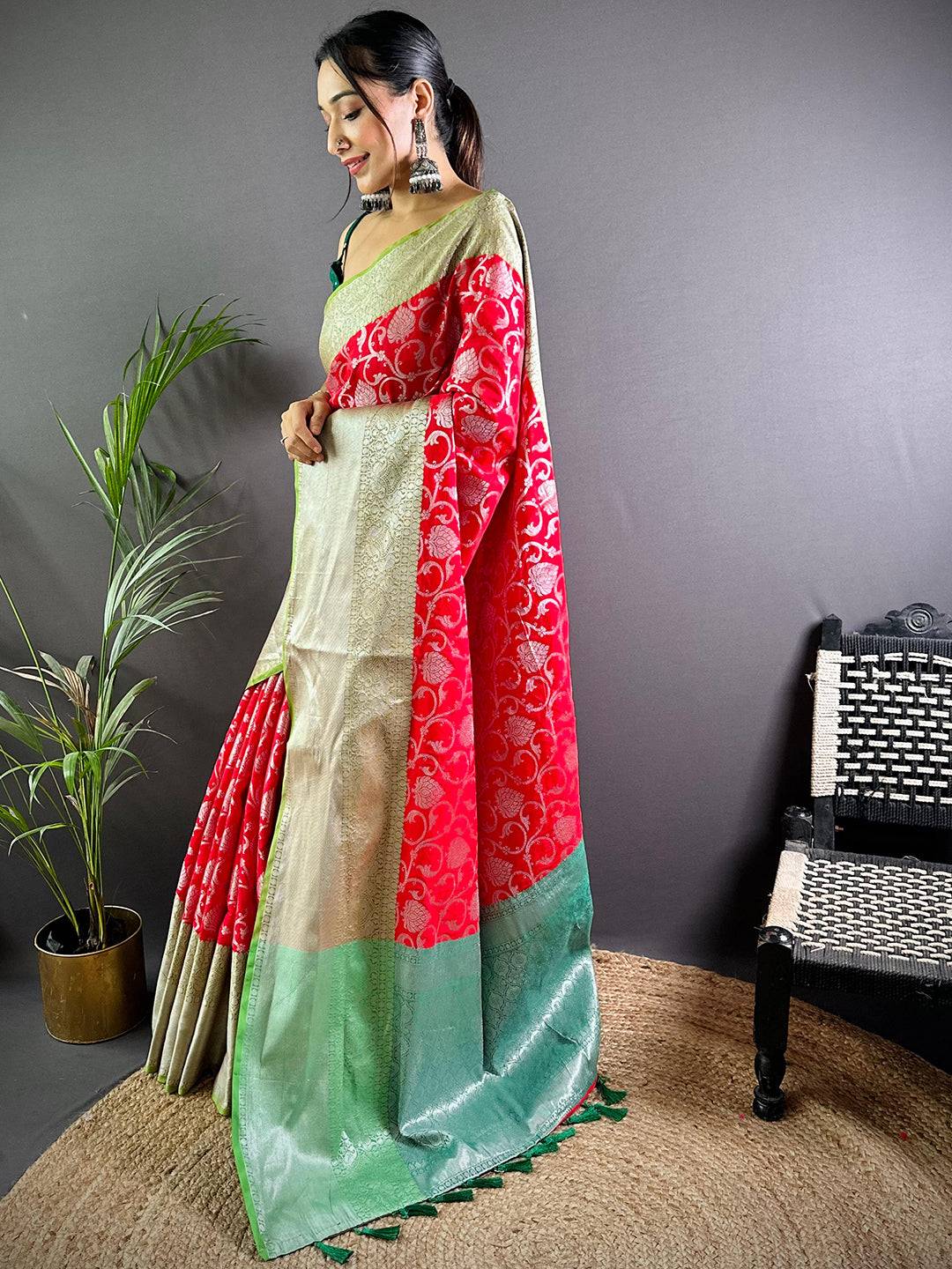 Red Chic Zari Blossom Banarasi Silk Saree