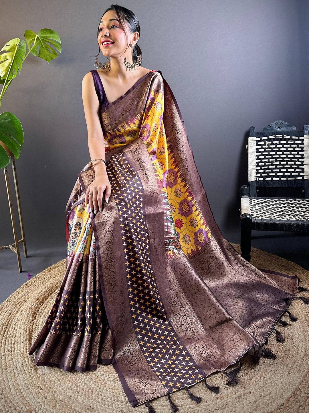 Golden Cross Ikkat Yellow Saree by My Store