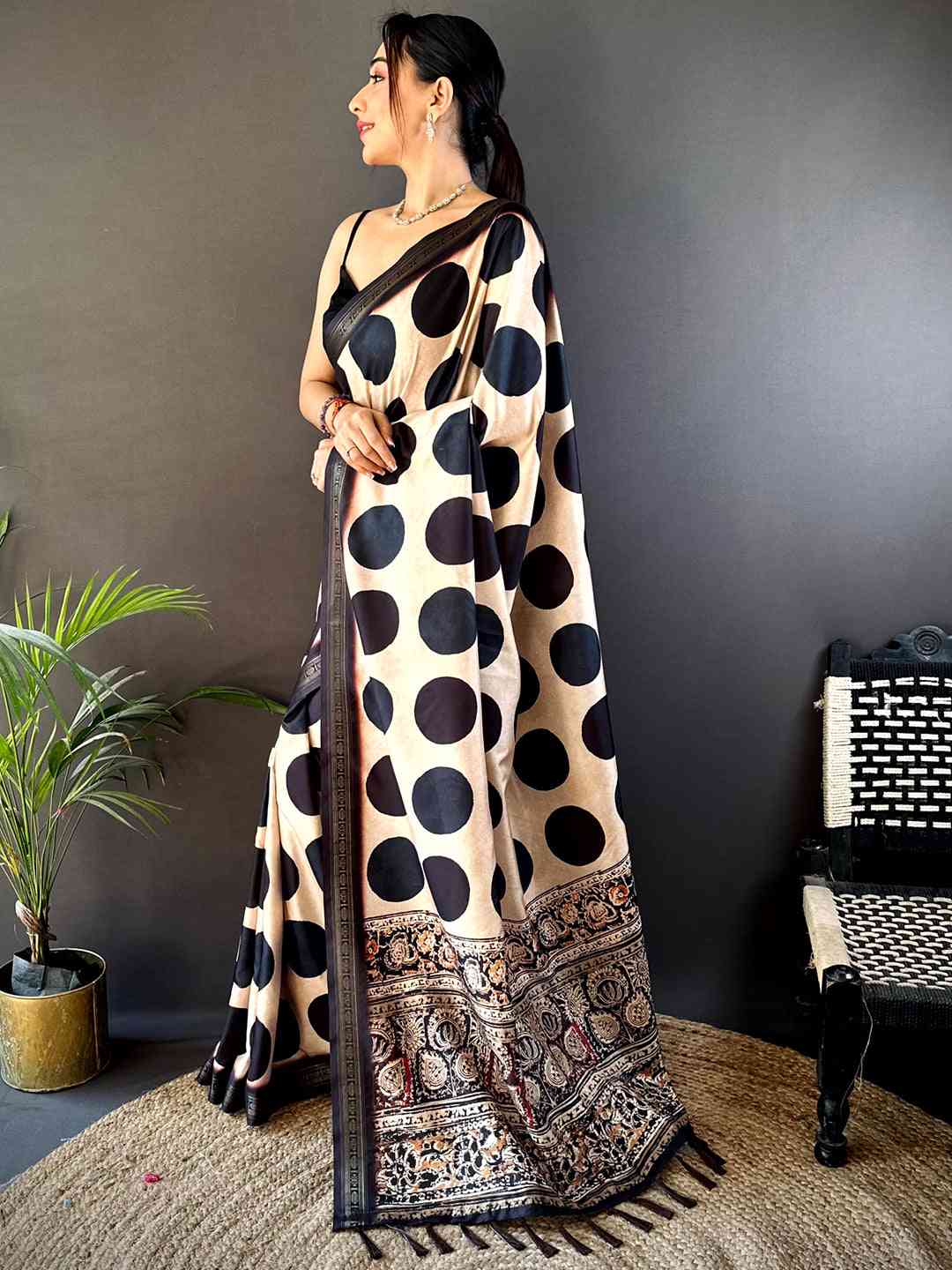 Cream Soft Silk Polka Dot Print Saree by My Store