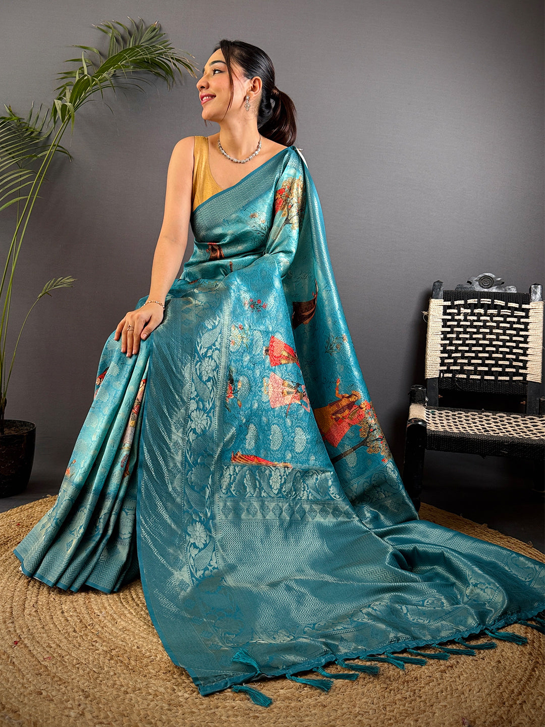 Dark Blue Kanjivaram Silk Digital Print Saree by My Store