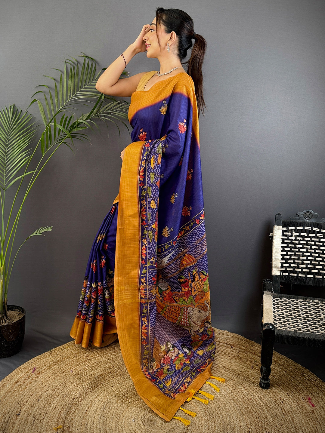 Purple Aari Pashmina Print Linen Saree by My Store