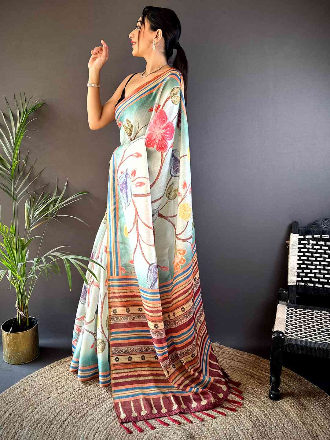 Floral Breeze Blue Chanderi Saree by My Store