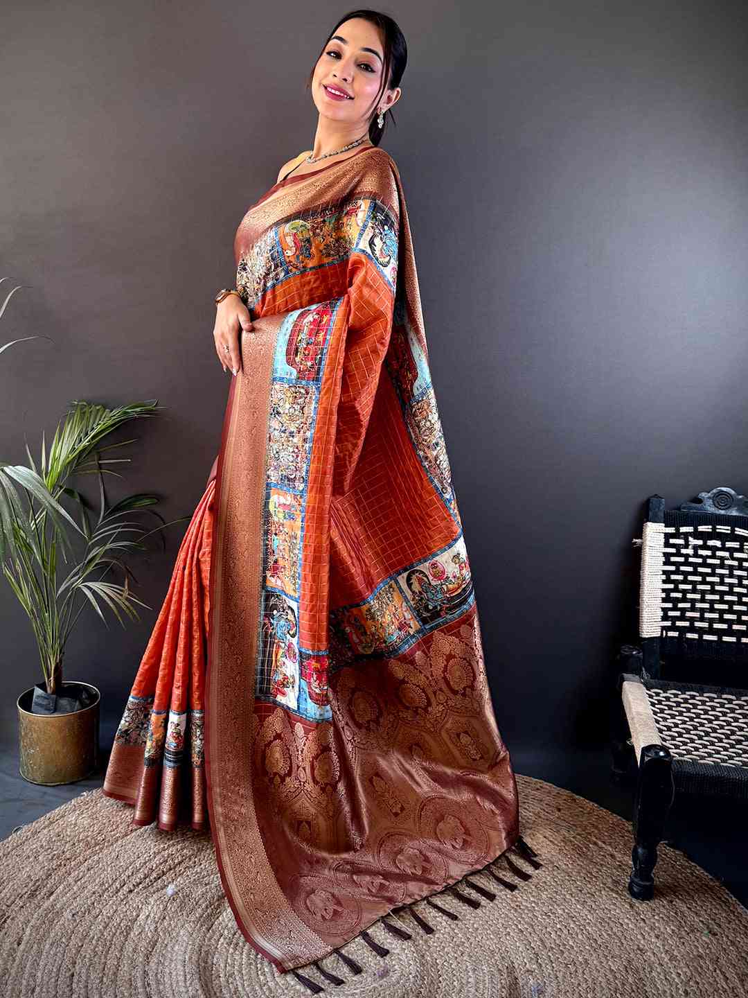 Rust Orange Tussar Silk Kalamkari Checkered Saree by My Store