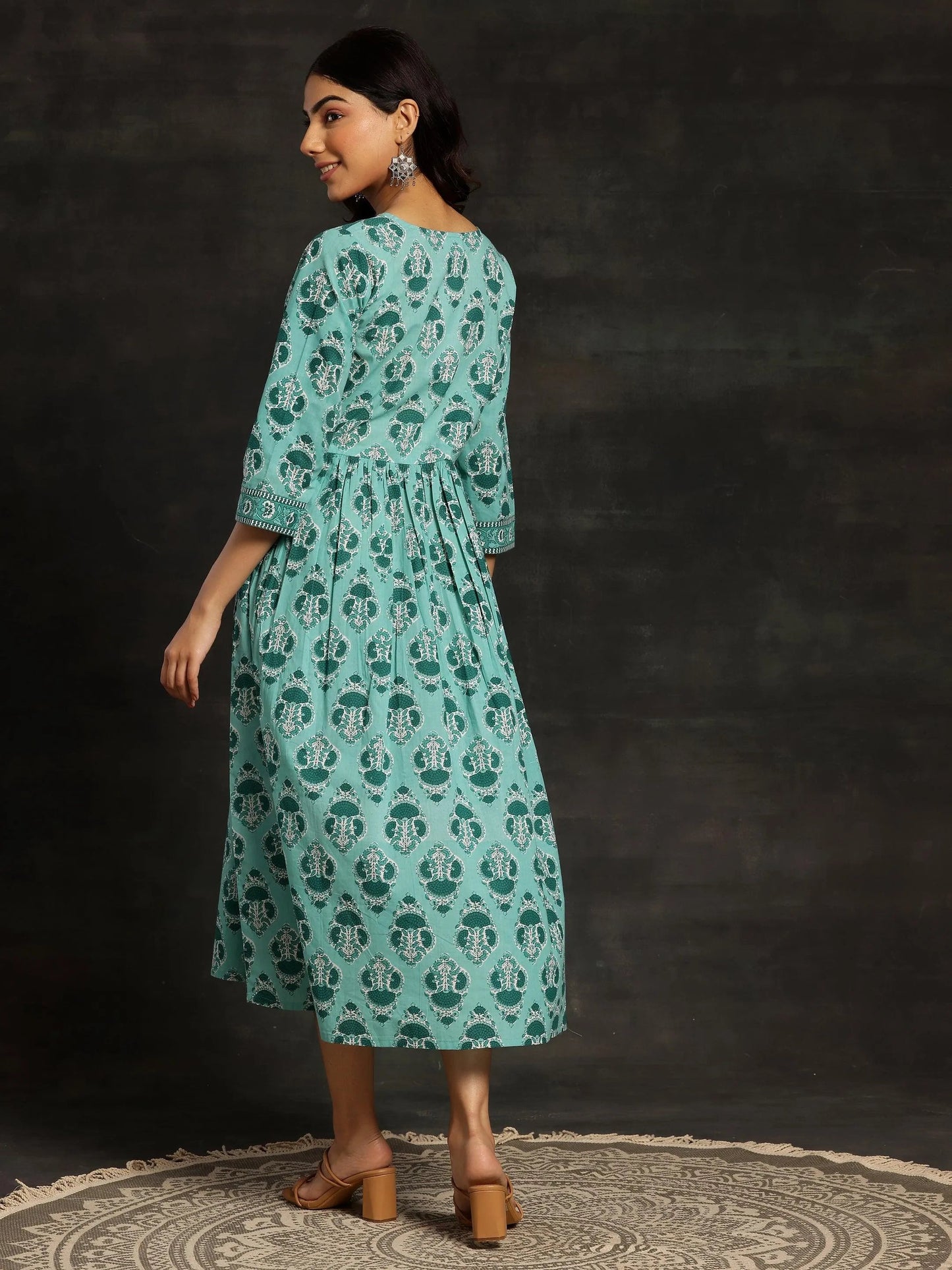 Sea Green Printed Cotton Fit and Flare Dress by My Store
