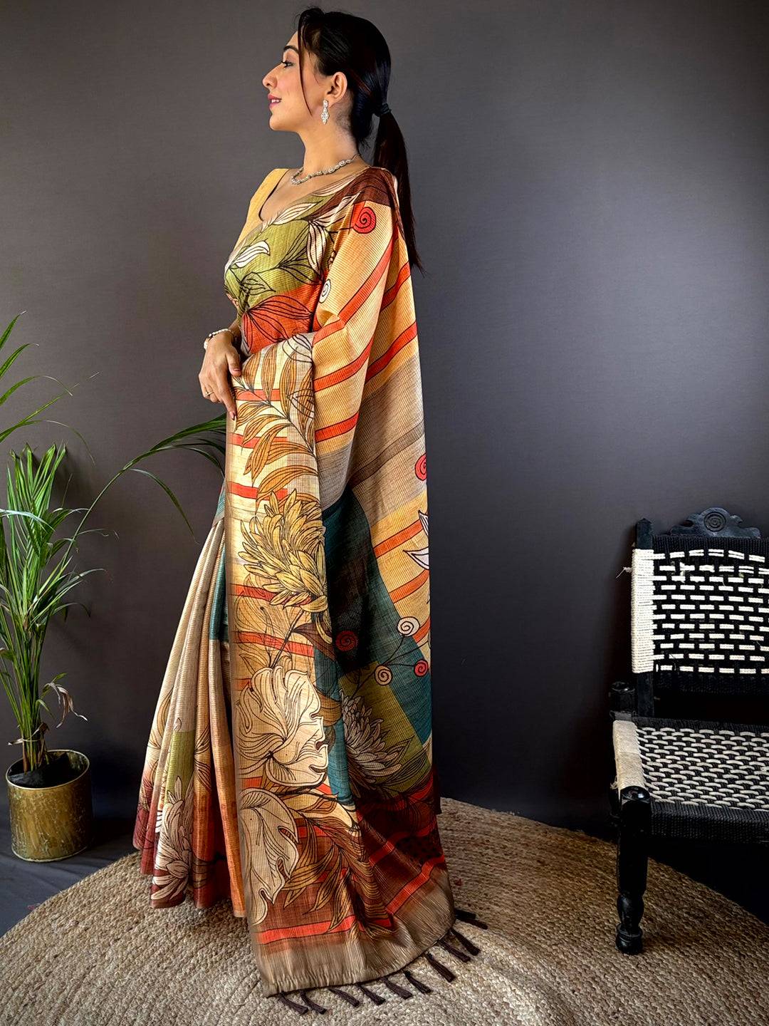 Tan Beige Tussar Silk Floral Prints Saree by My Store