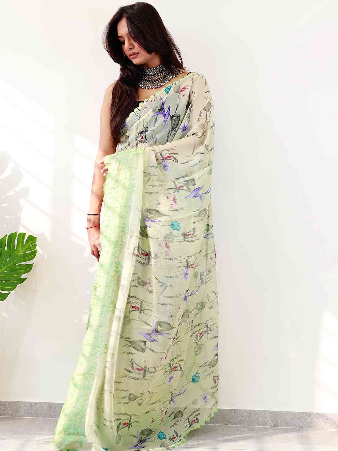 Soft Chiffon Satin Saree with Cut Work Embroidered Boder by My Store