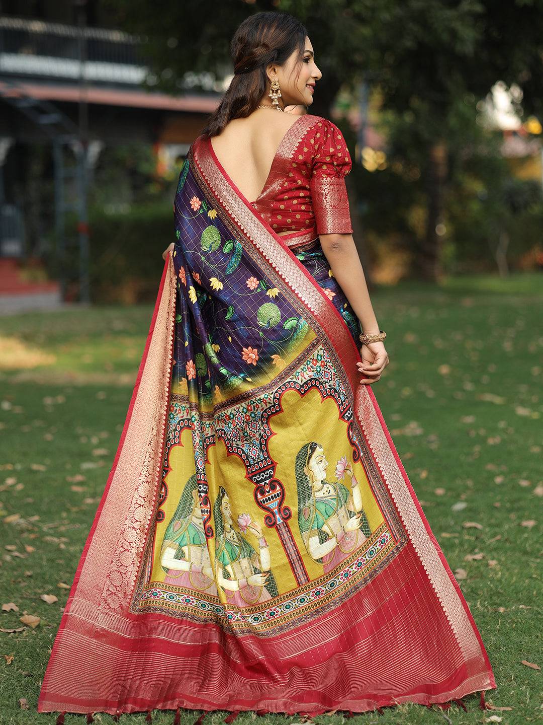 Navy Colour Pure Viscose Dola Silk Saree With Mughal Motifs - Luxe