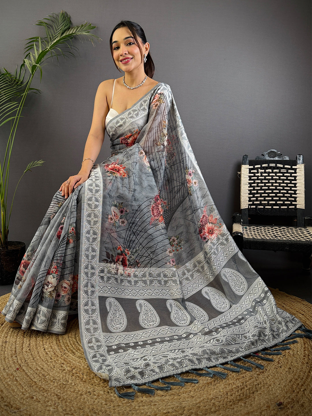 Grey Lakhnavi Linen Digital Print Saree by My Store
