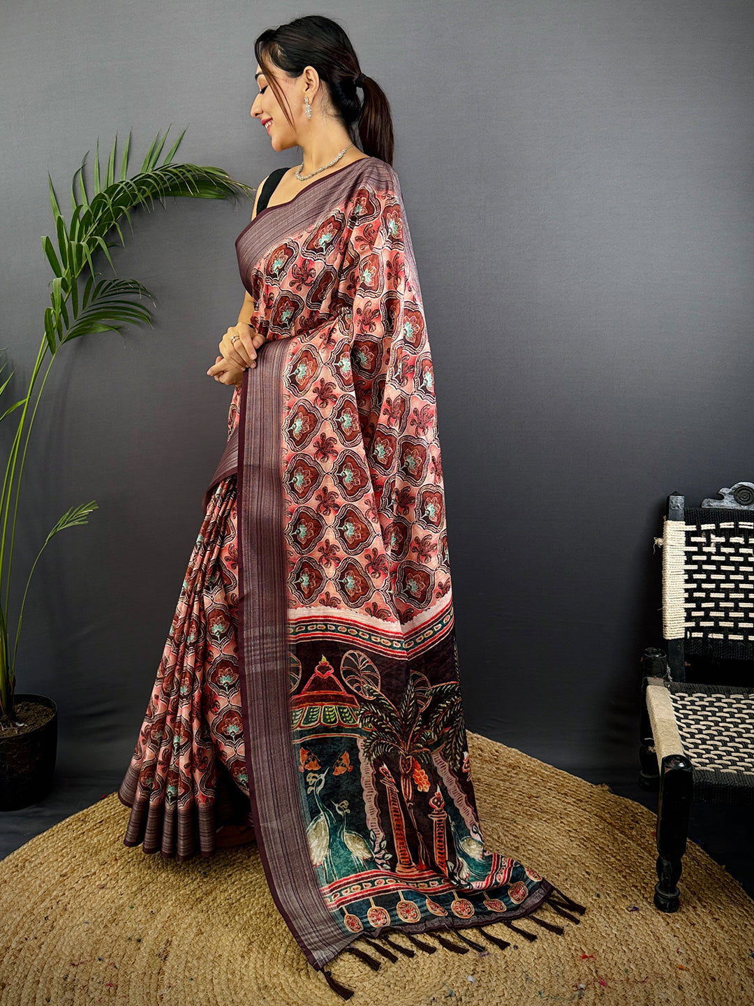 Peach Linen Block Kalamkari Print Saree by My Store