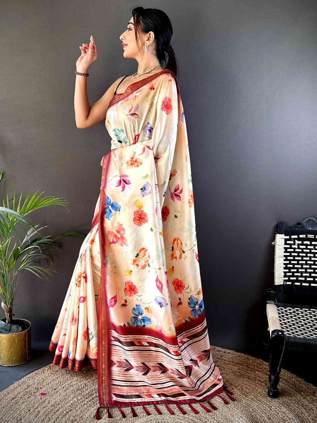 Peach Floral Digital Print Silk Saree by My Store