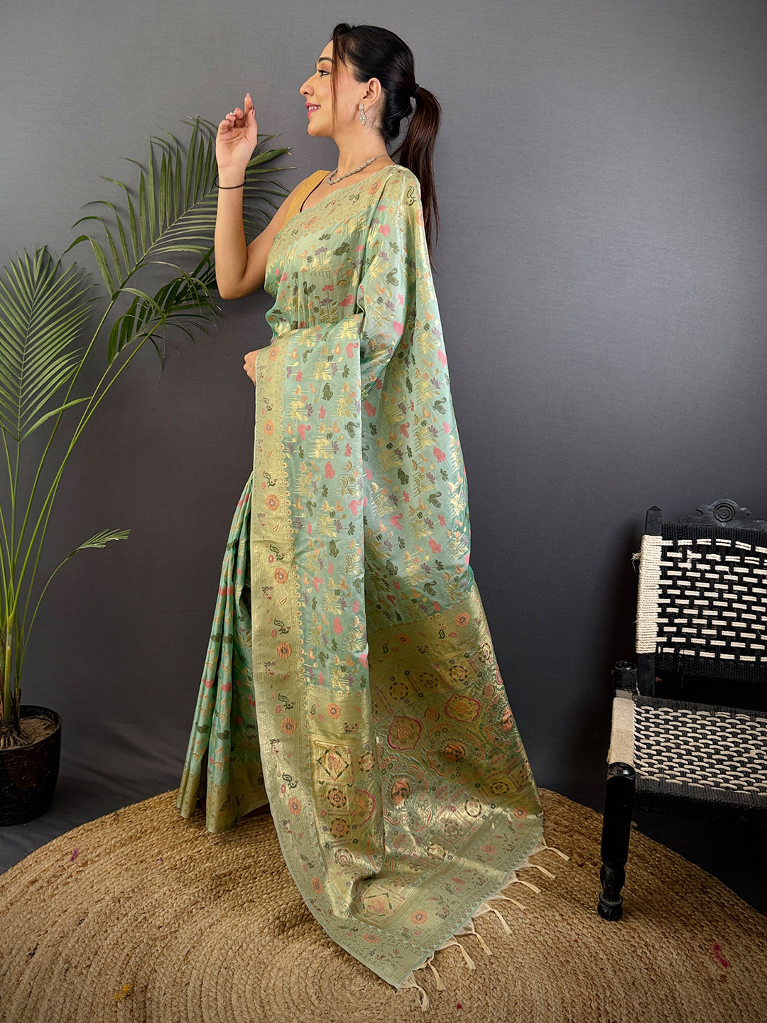 Jangal Minaather Zari Weaving Banarasi Silk Saree by My Store