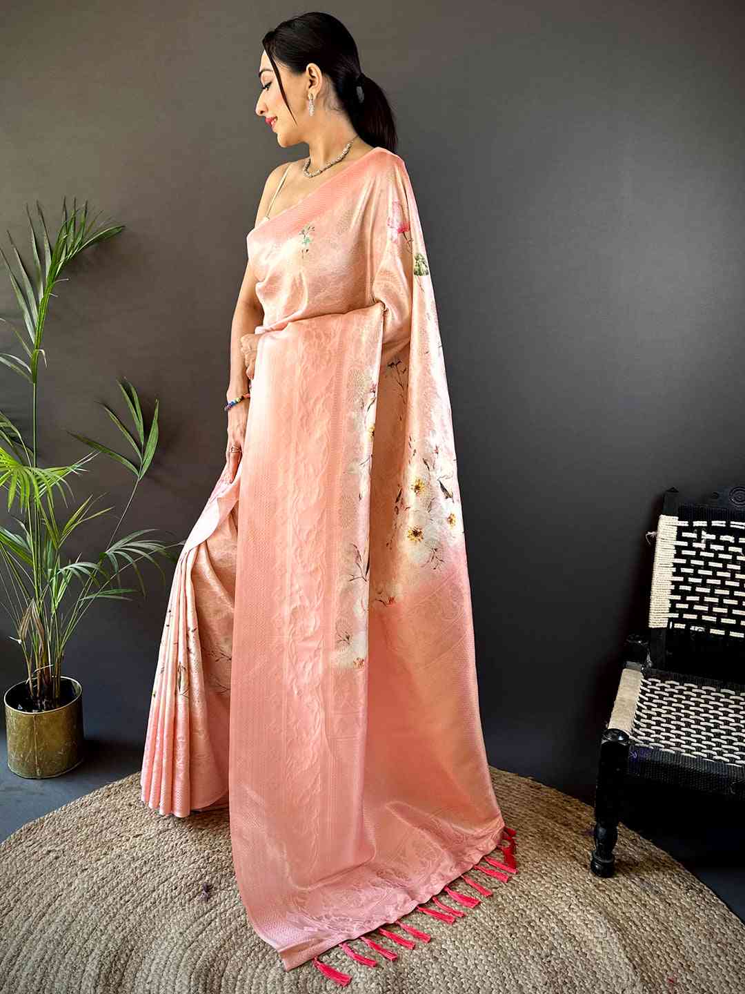 Pastel Peach Kanjivaram Digital Silk Saree by My Store