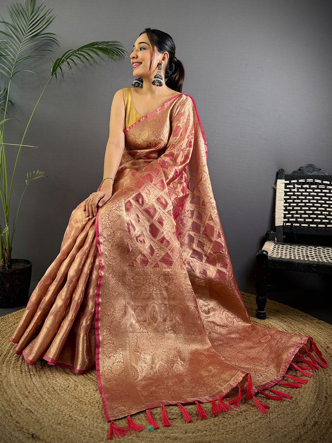 Pink Tissue Jarokha Zari Weaving Saree by My Store