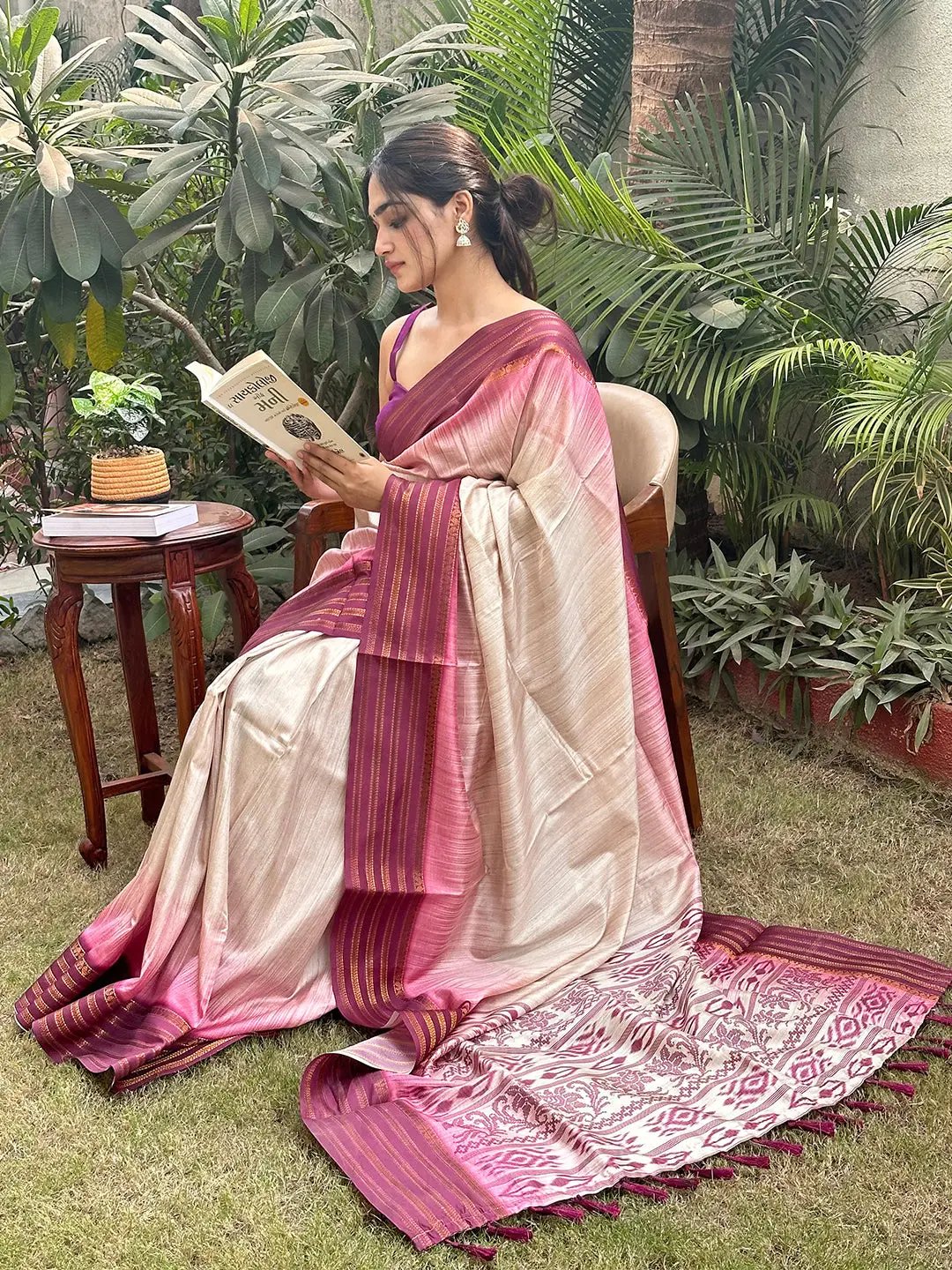 Ikkat Motifs and Paisley Prints on Ghicha Saree by My Store