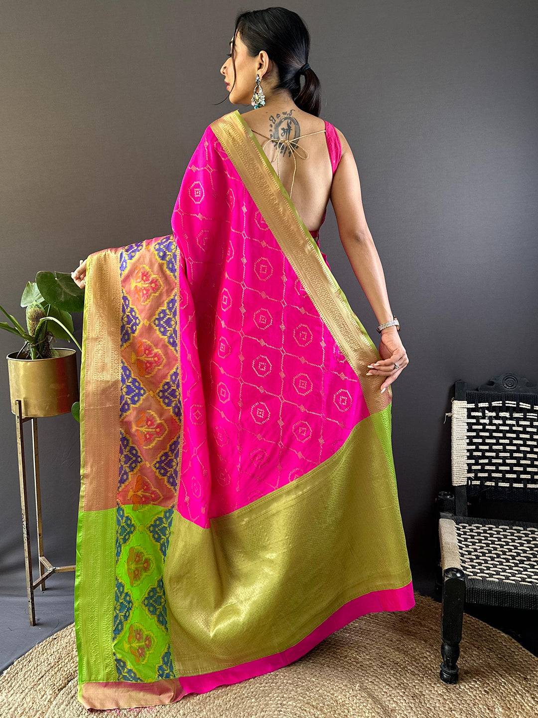 Pink Katan Silk Ikkat Saree by My Store