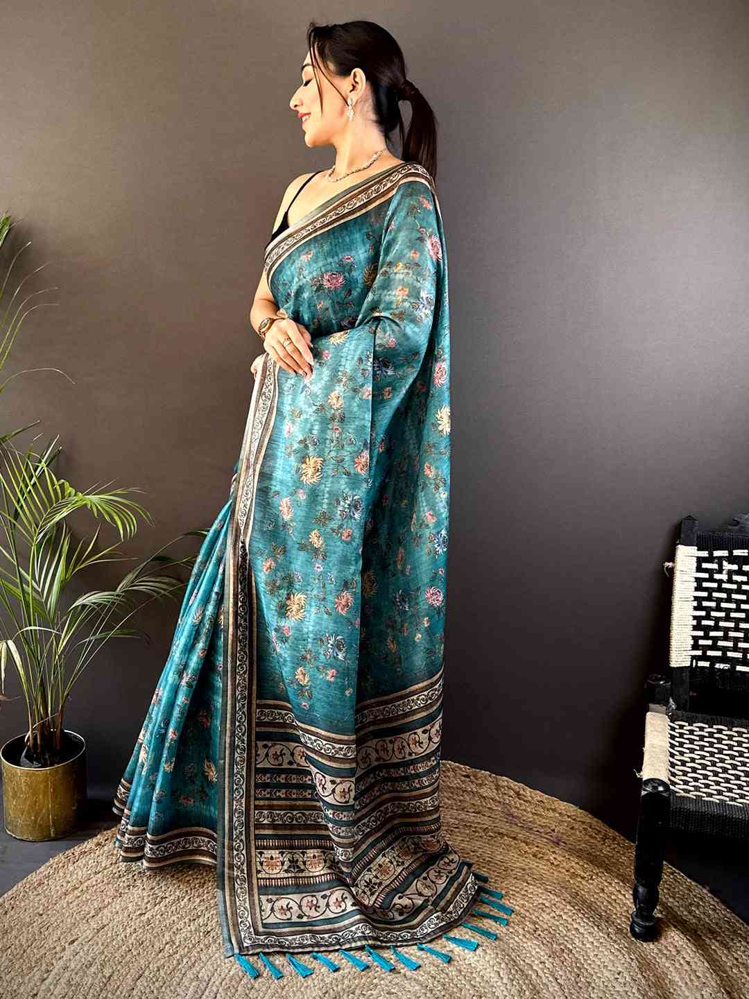 Teal Gold Zari Chanderi Phulkari Saree by My Store