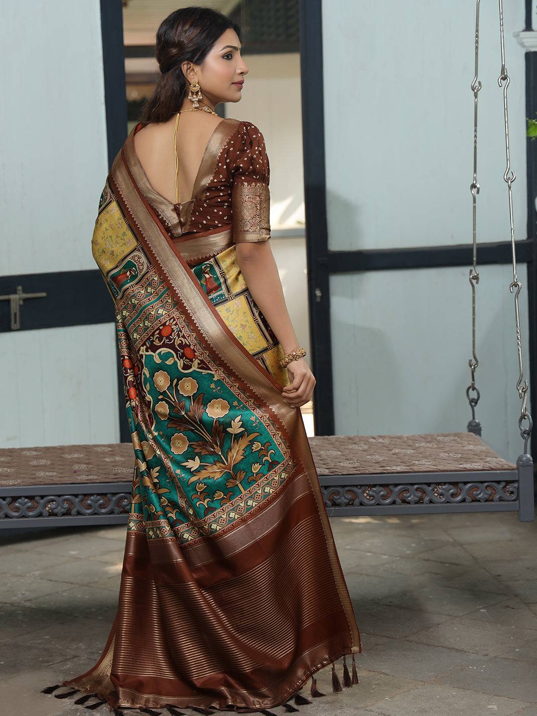 Viscose Dola Silk Mustard Colour Saree with Floral and Mughal Print - Luxe