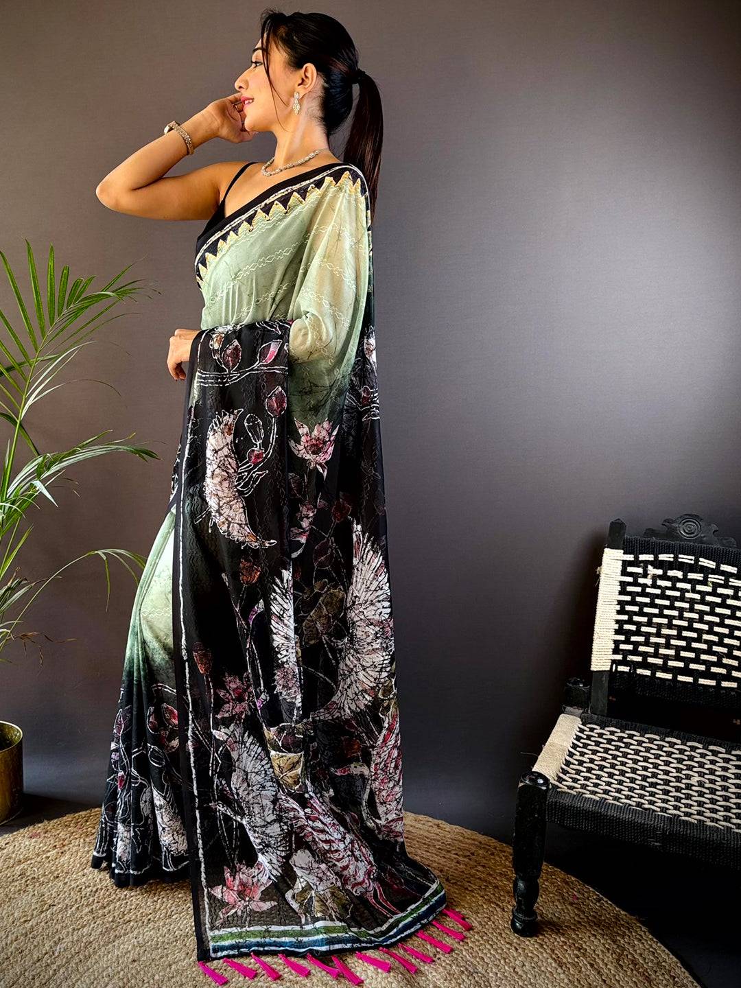 Green Georgette Batik Printed Saree by My Store