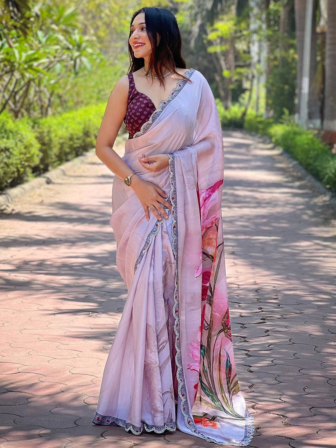Grey Satin Georgette Floral Print Saree by My Store