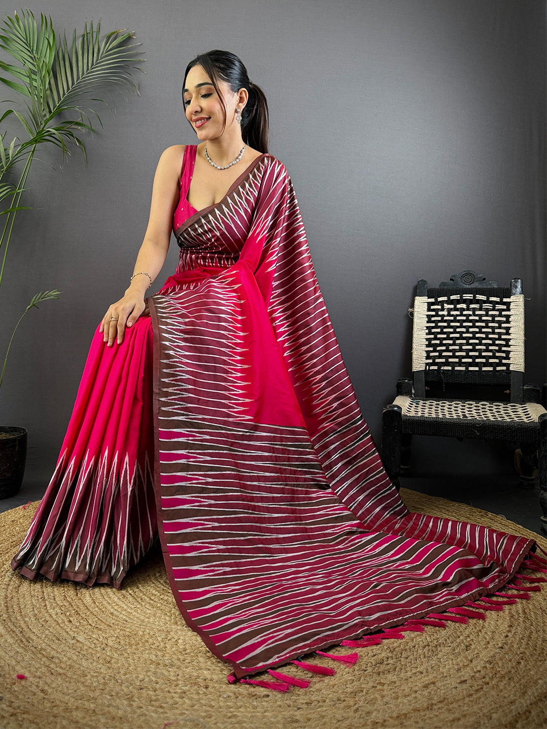 Pink Soft Silk Ikkat Zari Weaving Saree by My Store