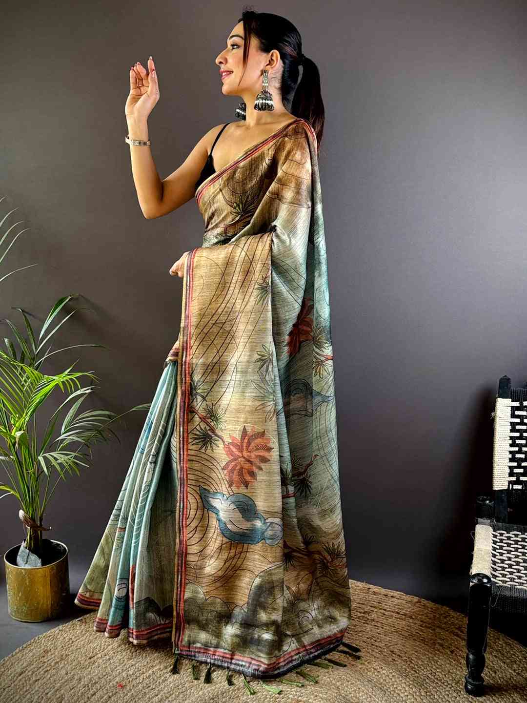 Sky Blue Tissue Chanderi Floral Abstract Saree by My Store