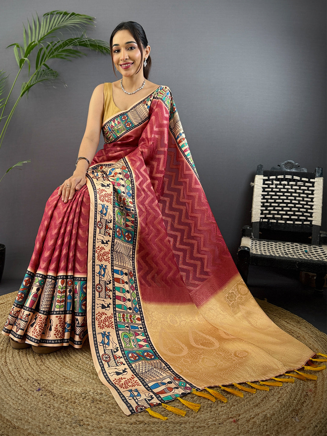 Blush Red Madhubani Print Soft Silk Saree by My Store